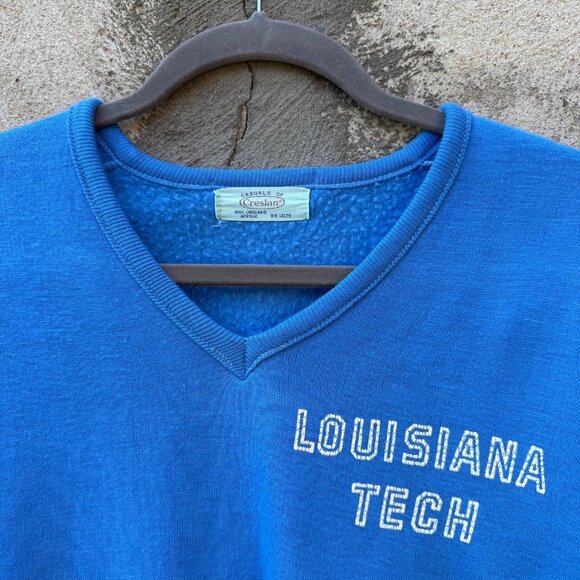 60's Vintage V Neck Flock Louisiana Tech Sweatshirt - Picture 2 of 7